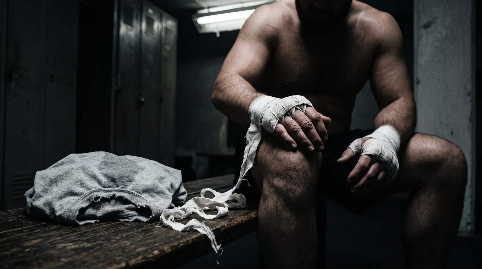 A fighter's half-taped hands resting beside a worn gray T-shirt on a locker room bench