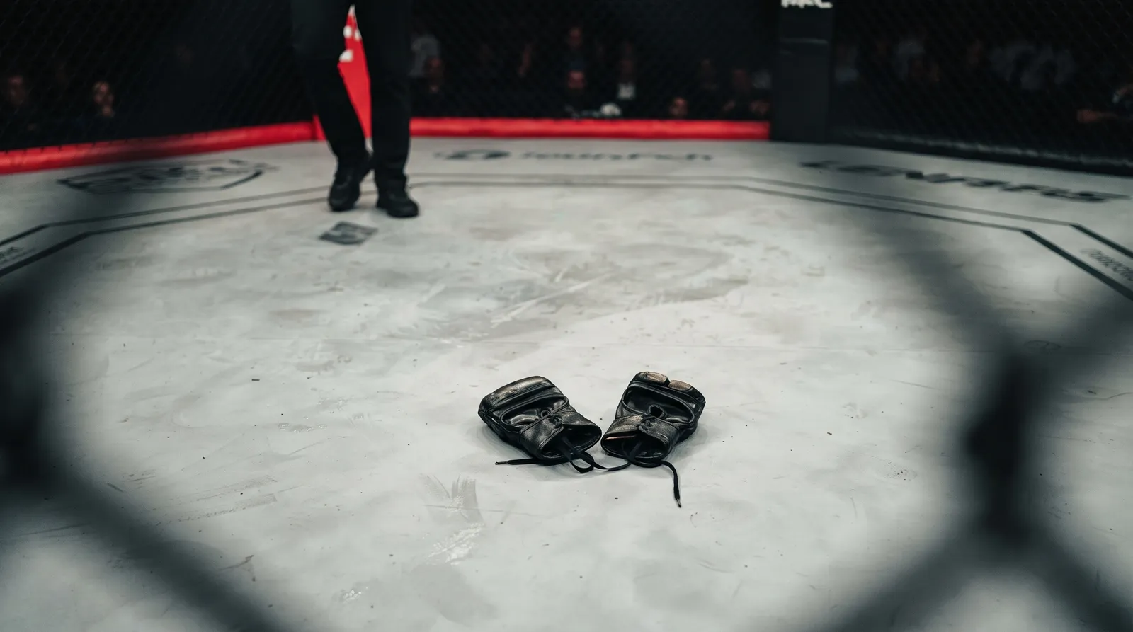 Fight gloves lying on a cage canvas under bright arena lights after a stoppage