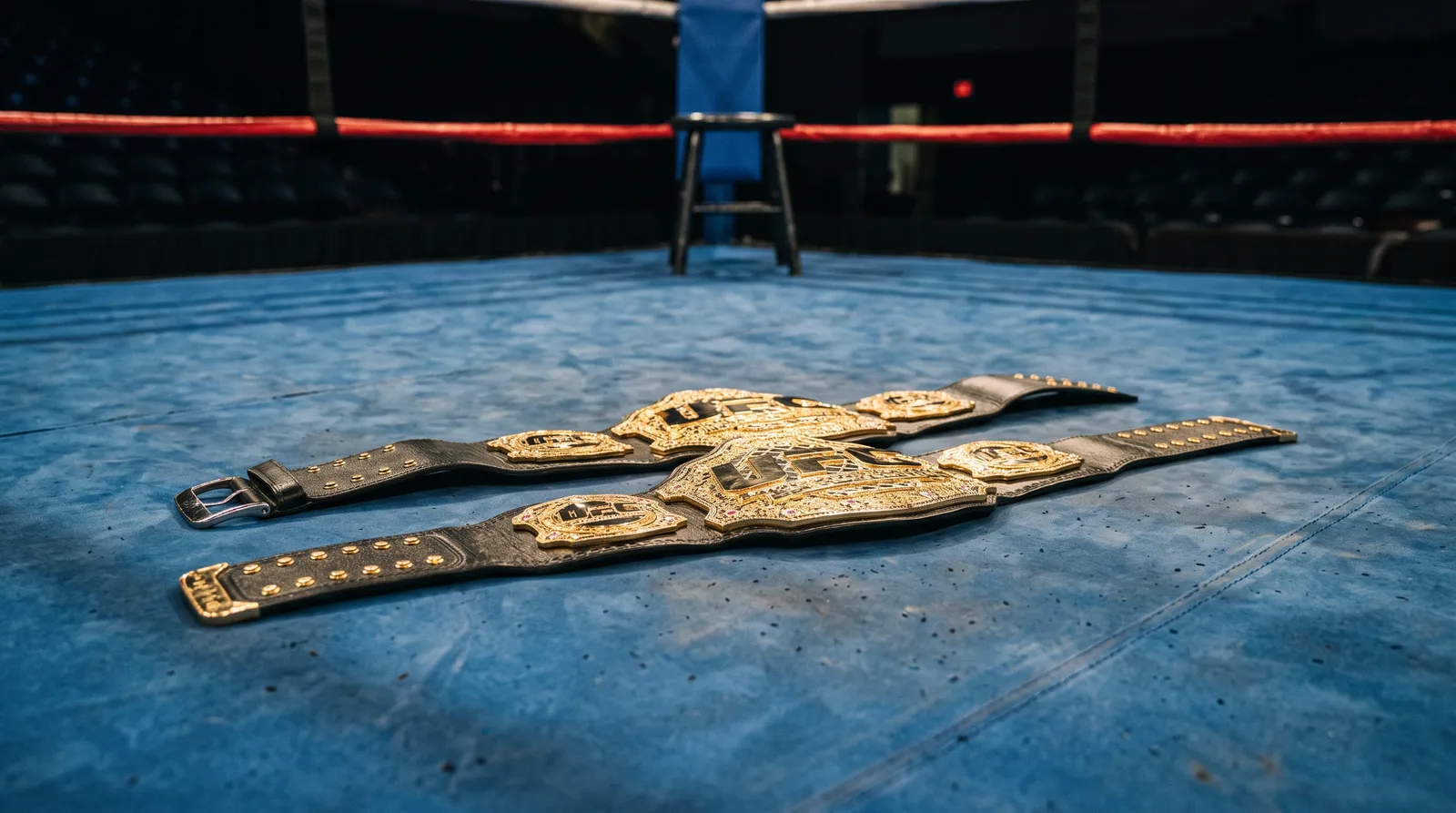Two championship belts resting side by side on a ring canvas under arena lights