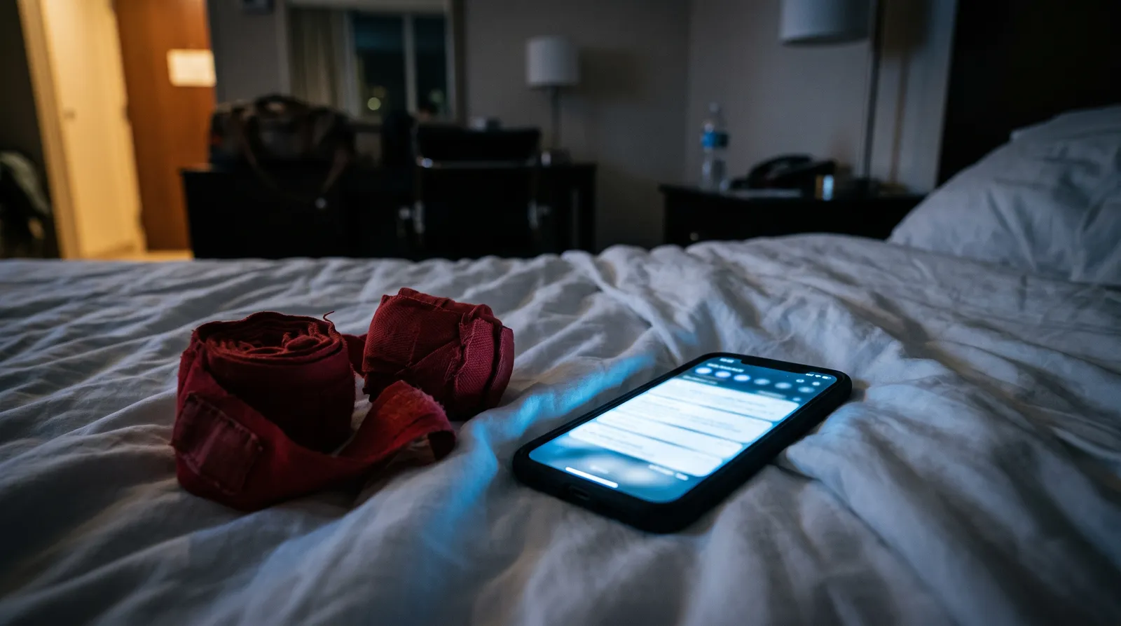 A glowing phone screen on a hotel bed beside coiled red hand wraps at night