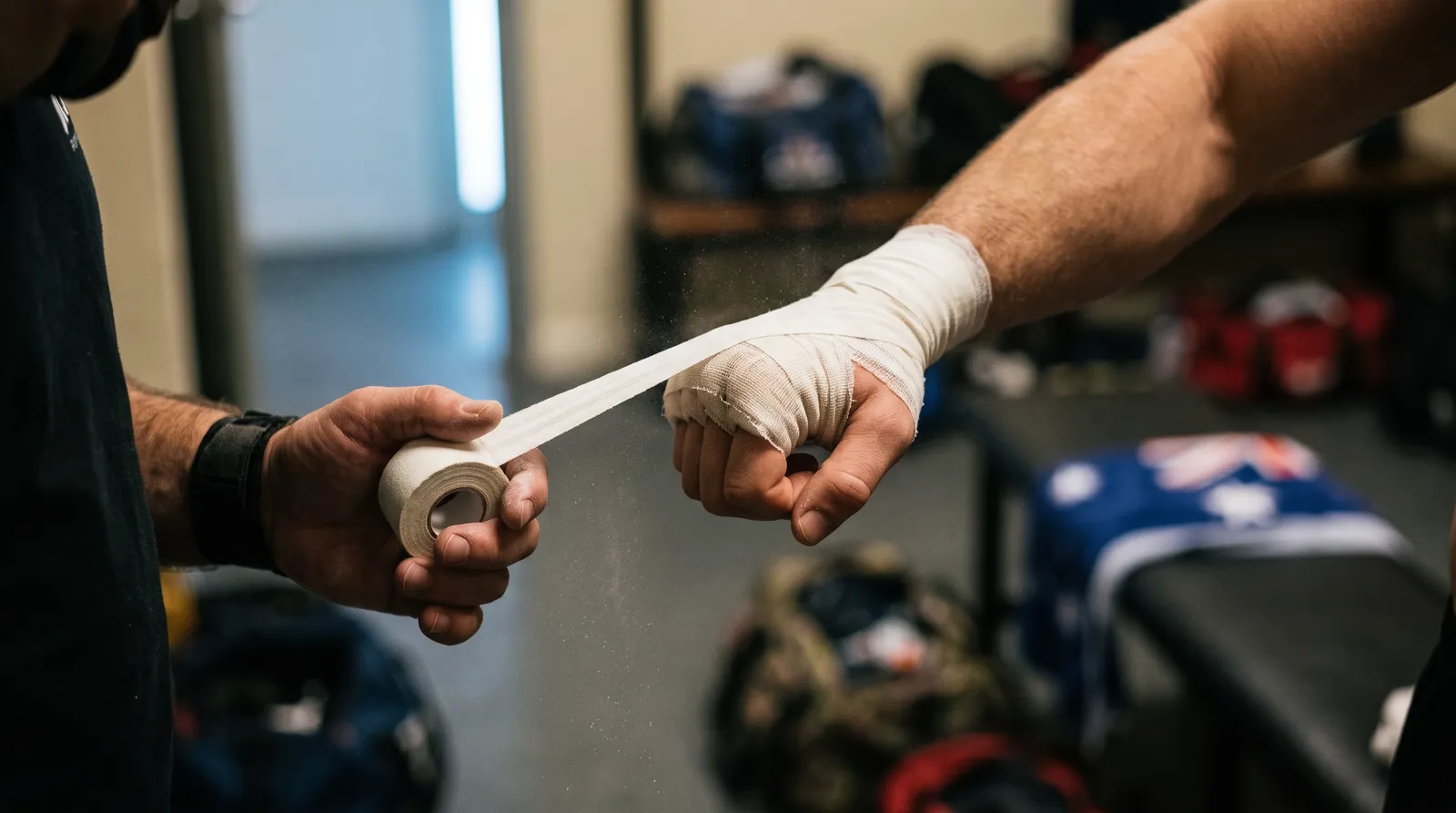 A coach wraps a fighter's hands in white tape in a locker room before a fight