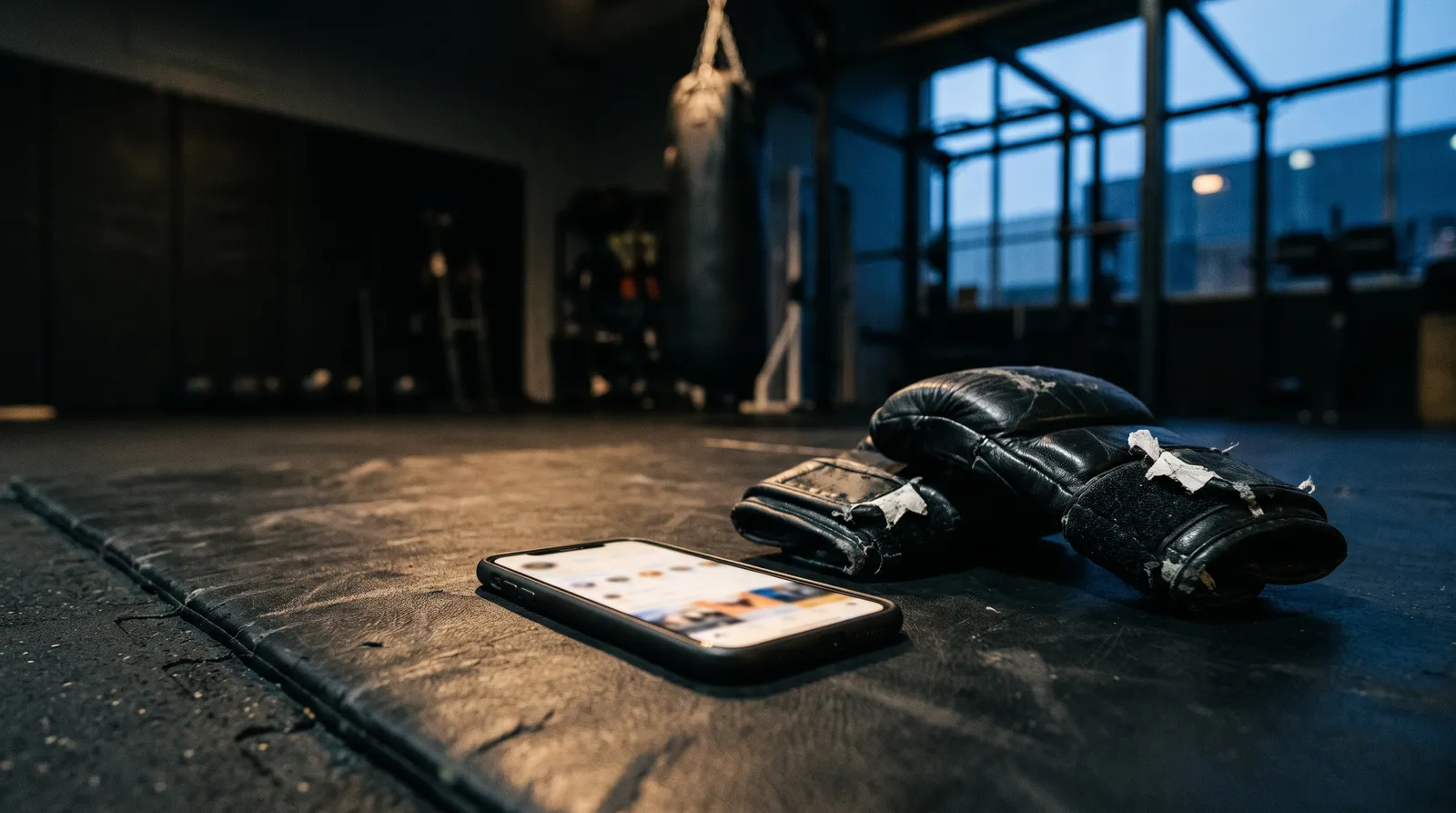 A glowing phone and worn MMA gloves on a gym mat at dawn