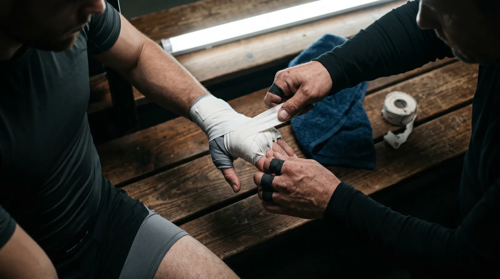 A coach wraps a fighter's hands with white tape on a locker room bench