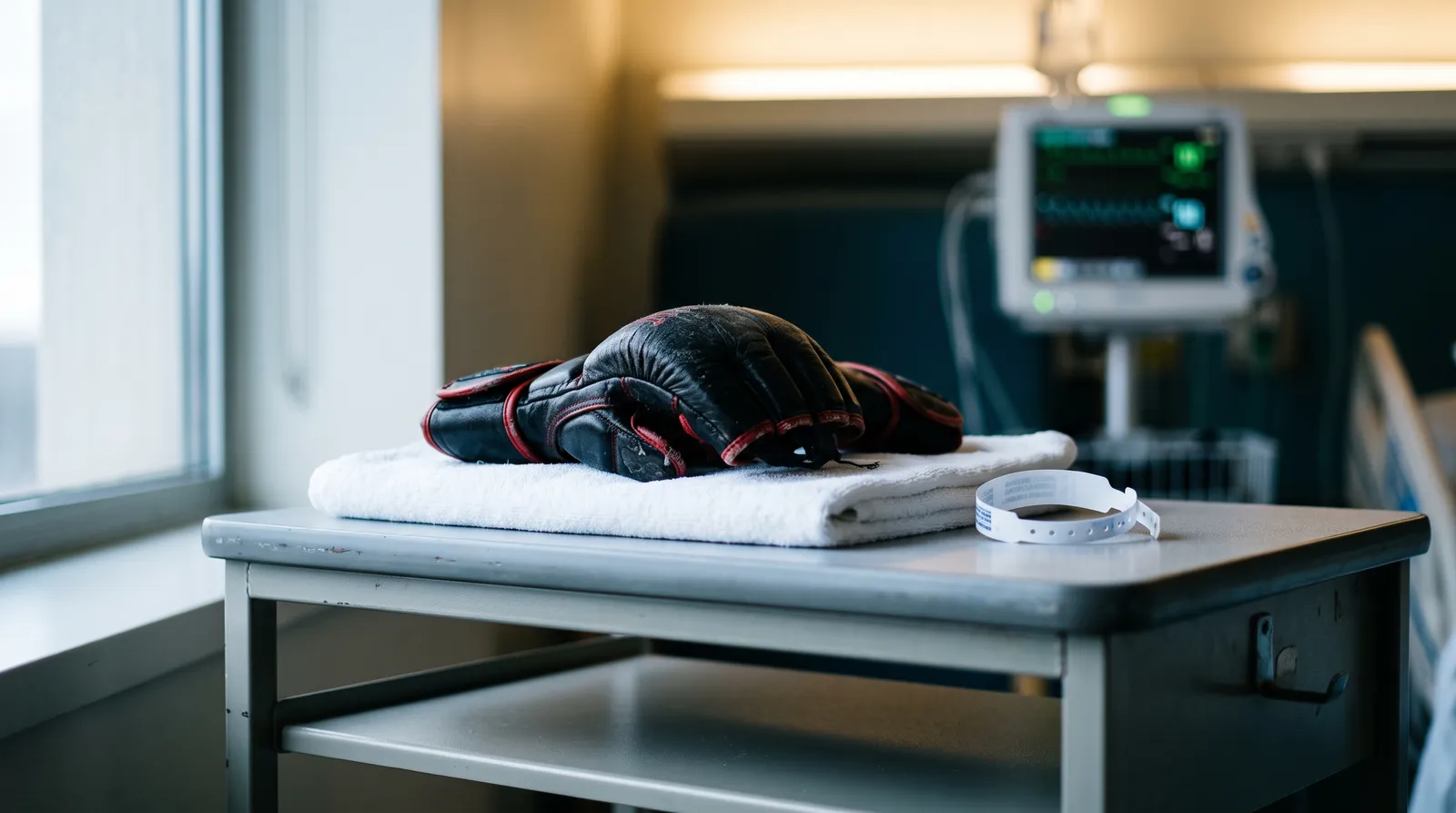 MMA gloves on a towel beside a hospital wristband, with a heart monitor glowing in the background