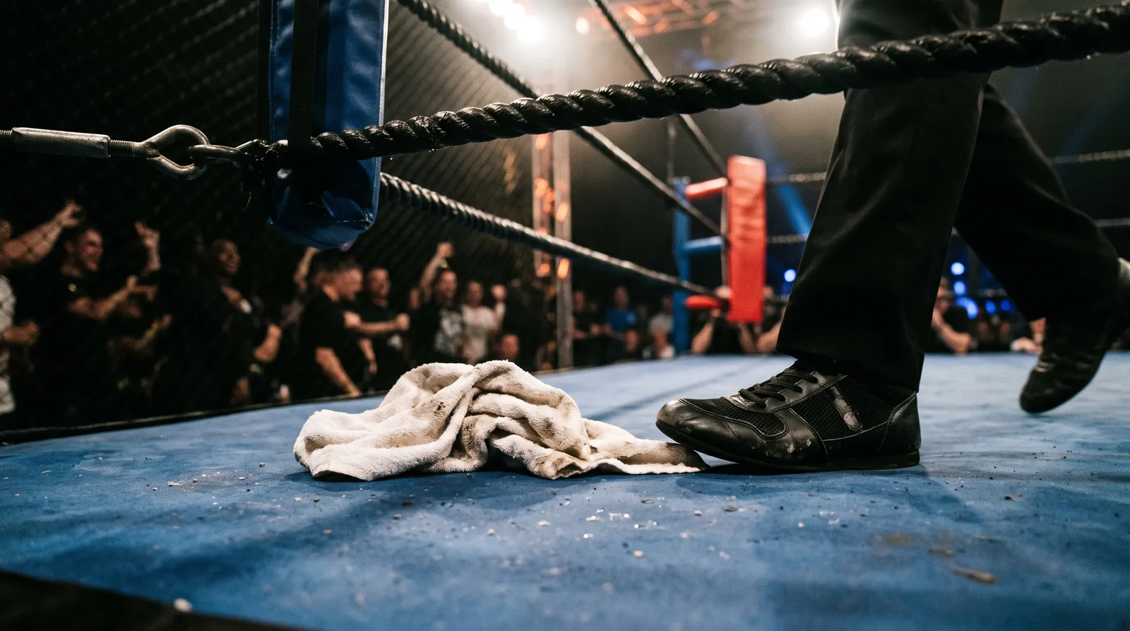 A white towel lies crumpled on a boxing ring canvas next to a referee's shoe