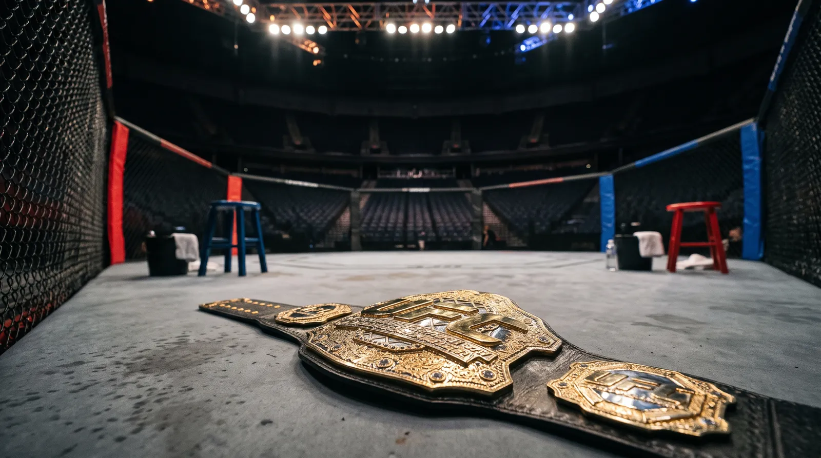 A championship belt resting on an empty octagon canvas with two corner stools in the background