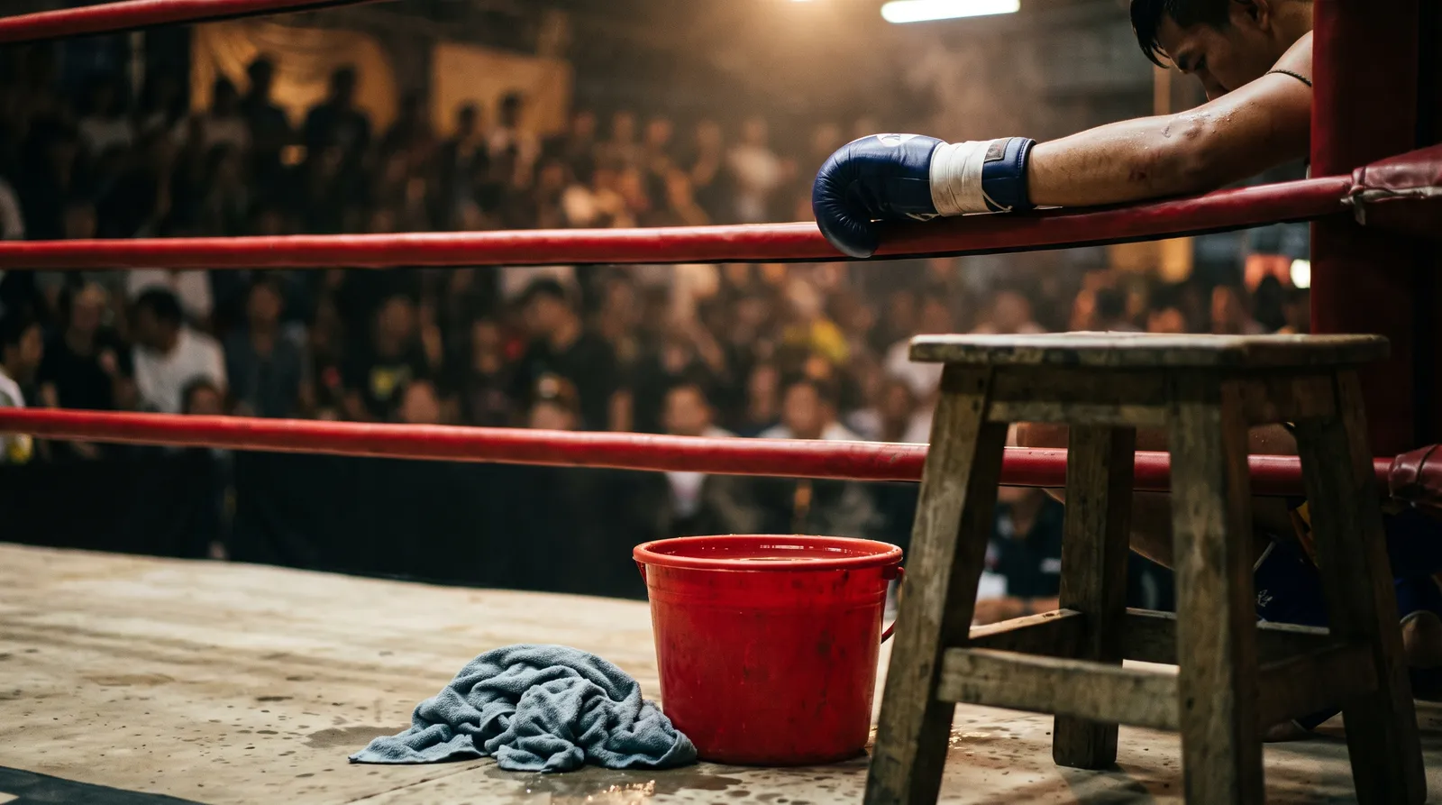 Corner stool, bucket and towel beside the ropes of a Muay Thai ring under arena lights