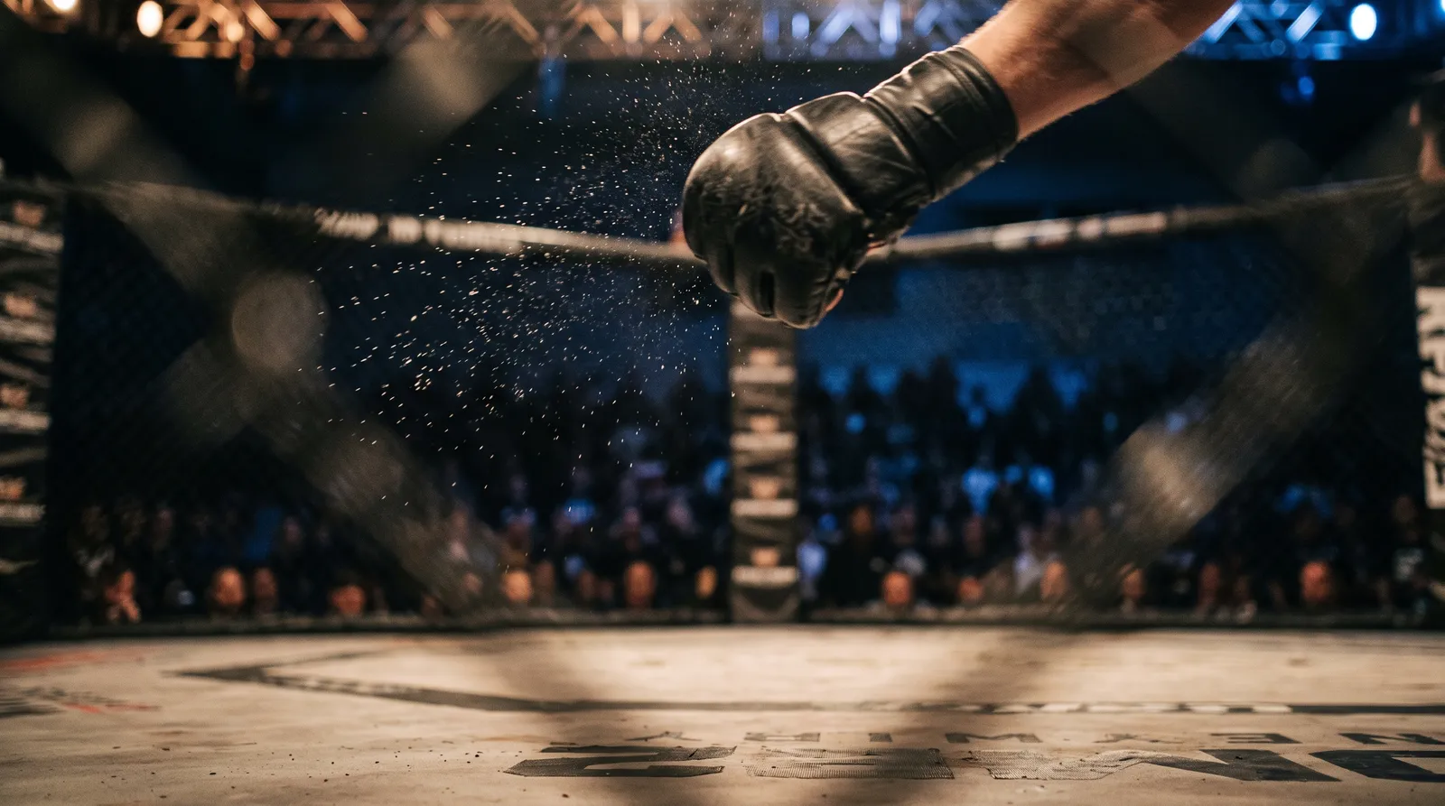 A fighter's glove flying through the air mid-punch under bright cage lights at a regional MMA event