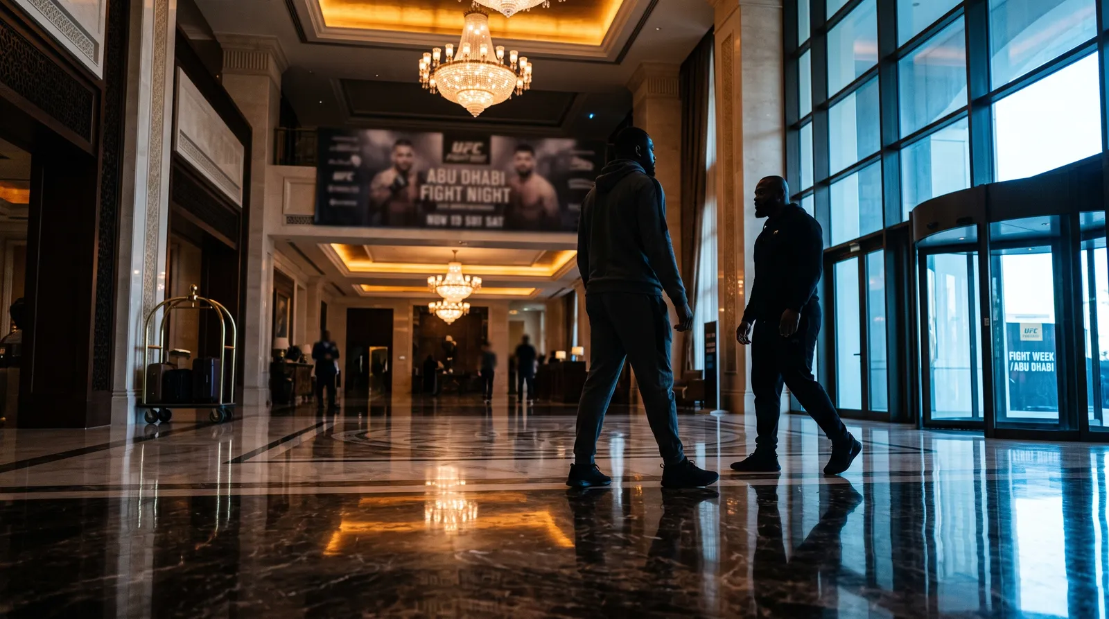 Two heavyweight fighters pass each other in a hotel lobby during fight week in Abu Dhabi