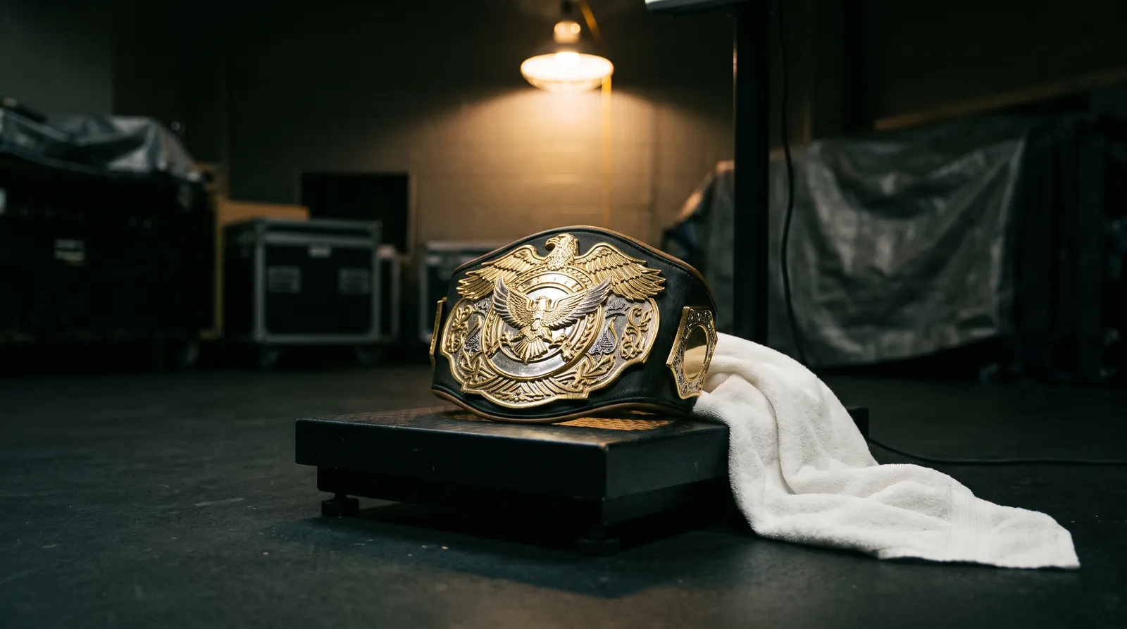 A championship belt resting on a weigh-in scale under a single backstage light