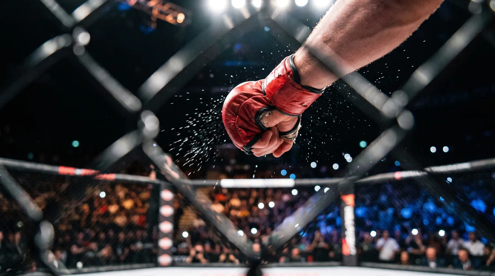 Close-up of a red MMA glove mid-punch with sweat flying under arena lights