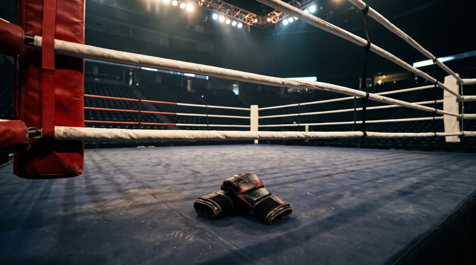 An empty ring with white ropes under work lights, a pair of MMA gloves lying on the canvas