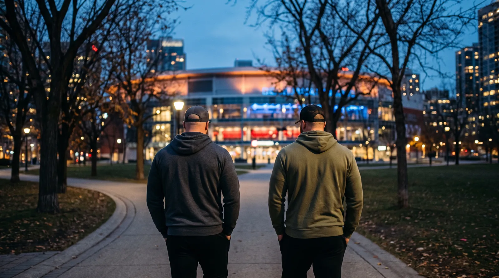 Two fighters in hoodies walk away from the camera through a city park at dusk, an arena lit up in the distance