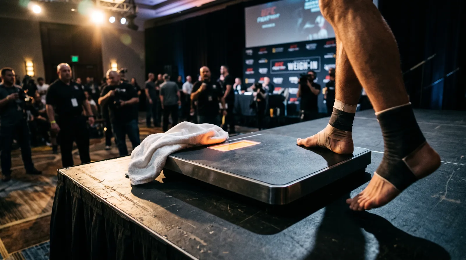 A weigh-in scale with a towel on it as a fighter's bare feet step off