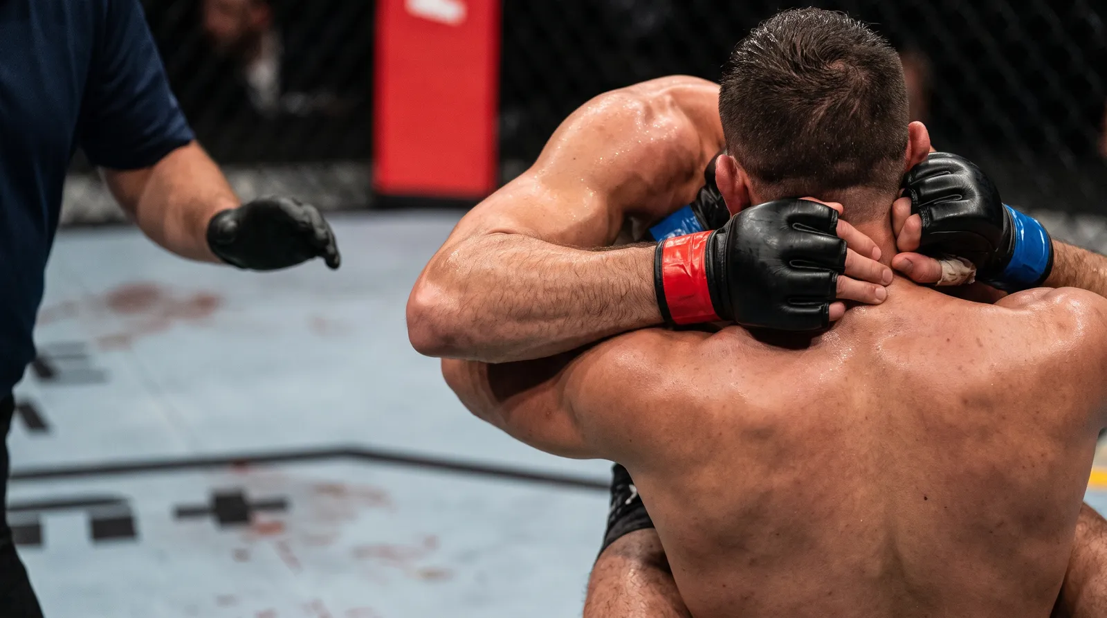Close-up of a fighter's arm locked in a rear-naked choke on the Octagon canvas
