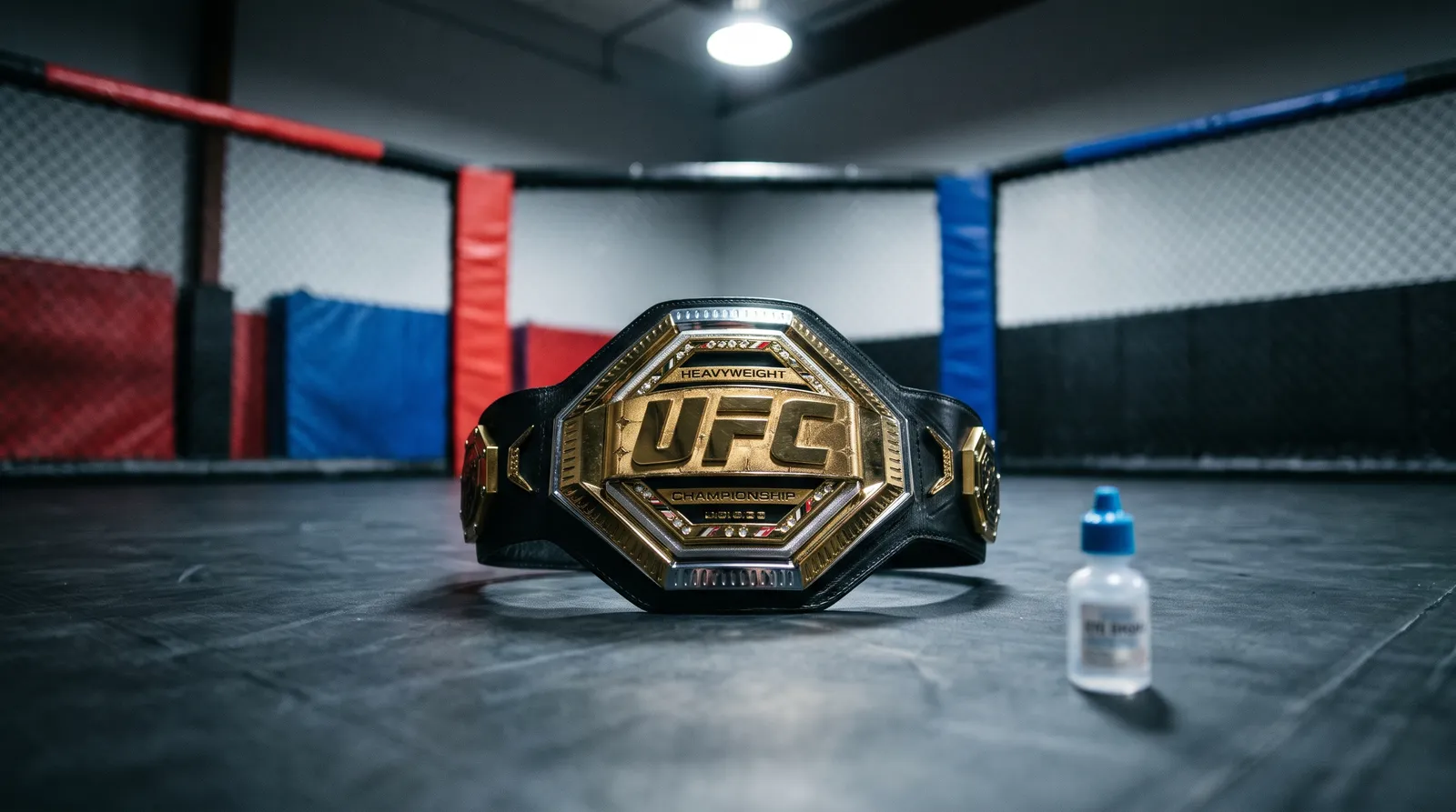 A heavyweight championship belt resting alone on an empty octagon canvas under a single work light