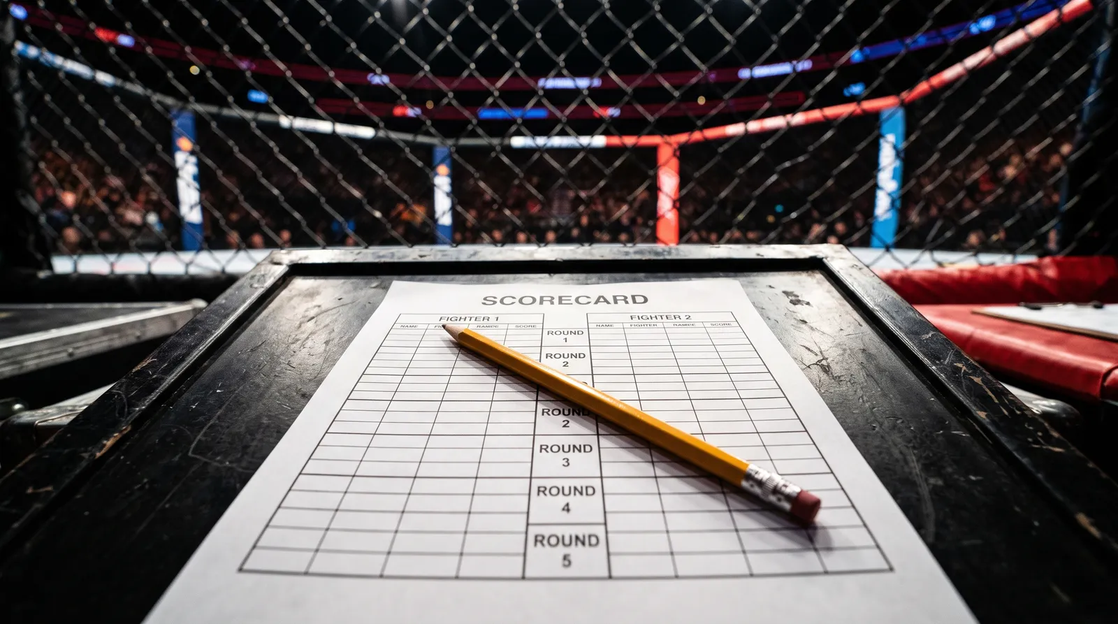 A blank judge's scorecard and pencil on a cageside table with the octagon blurred behind it