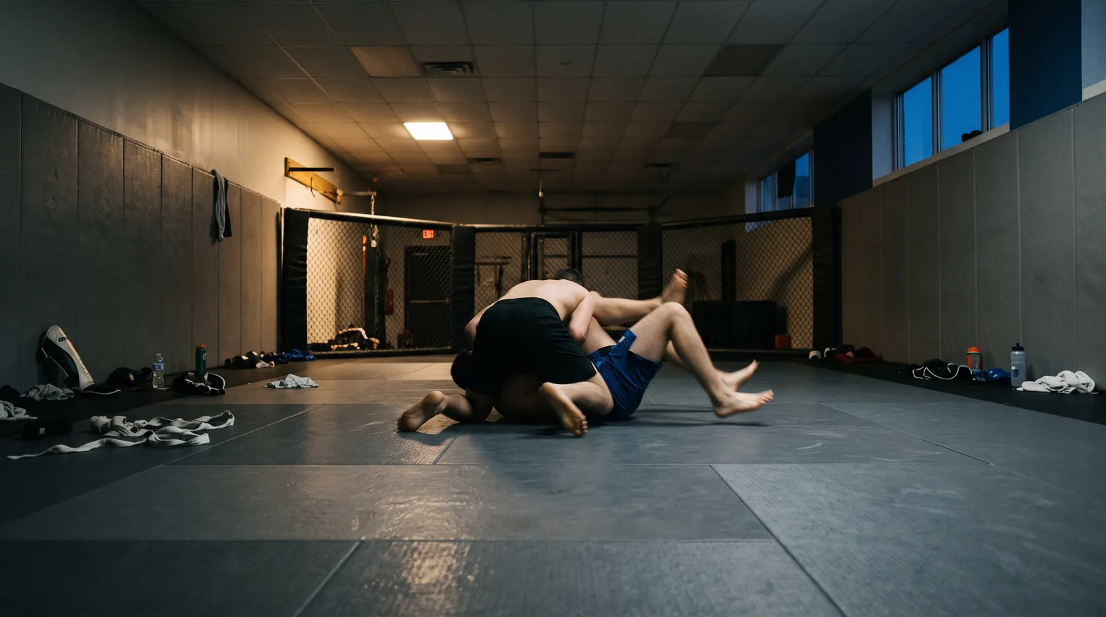 Two fighters keep grappling on an empty gym mat after practice has ended
