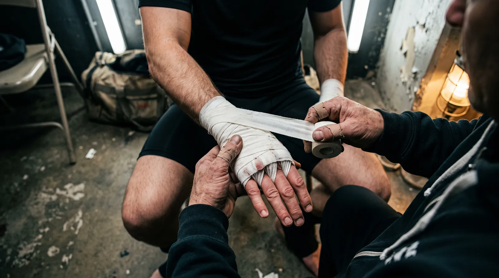 Close-up of a fighter's hands being wrapped in gauze and tape for a bare-knuckle bout