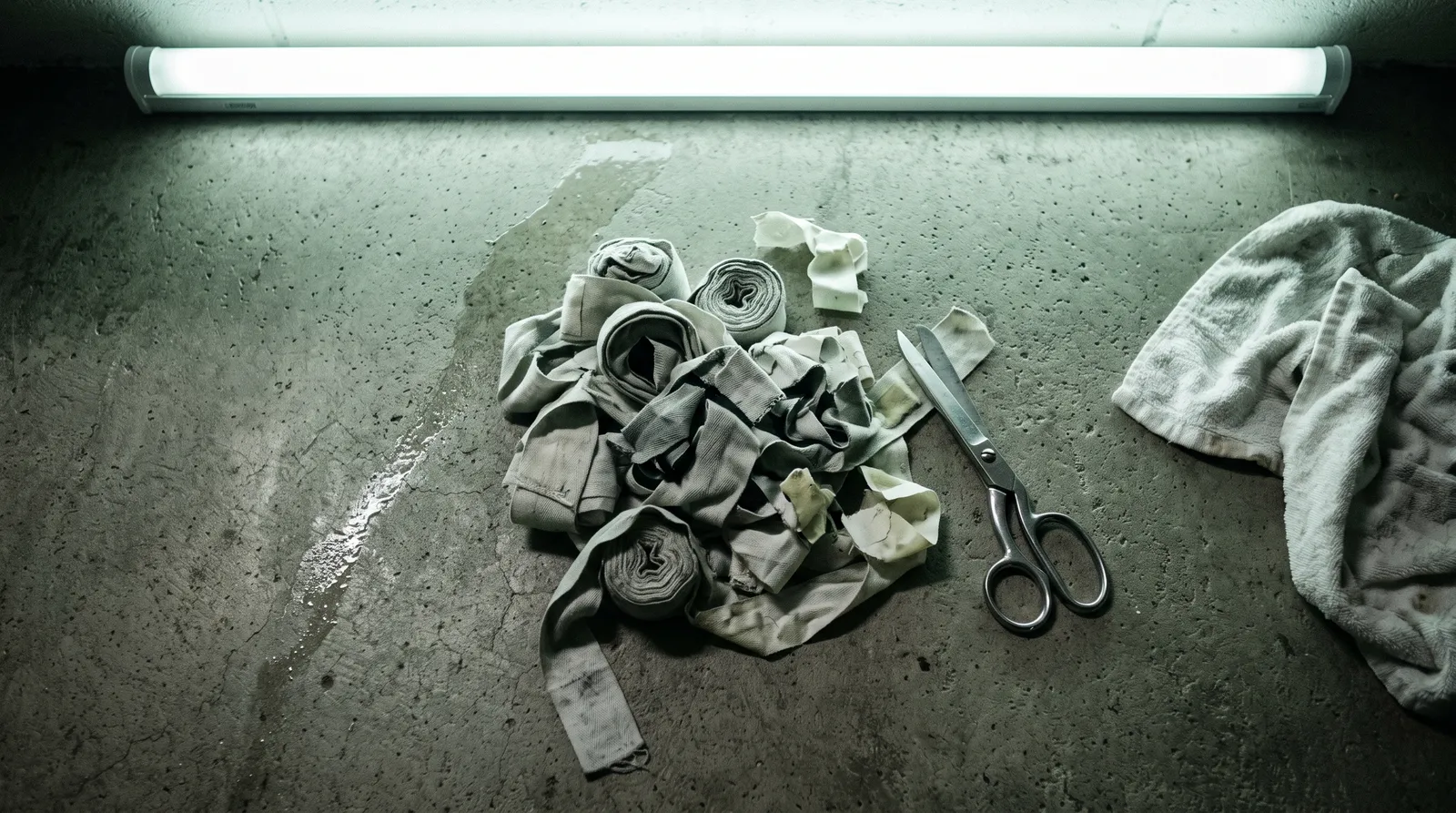 Cut hand wraps and scissors on a locker room floor after a fight