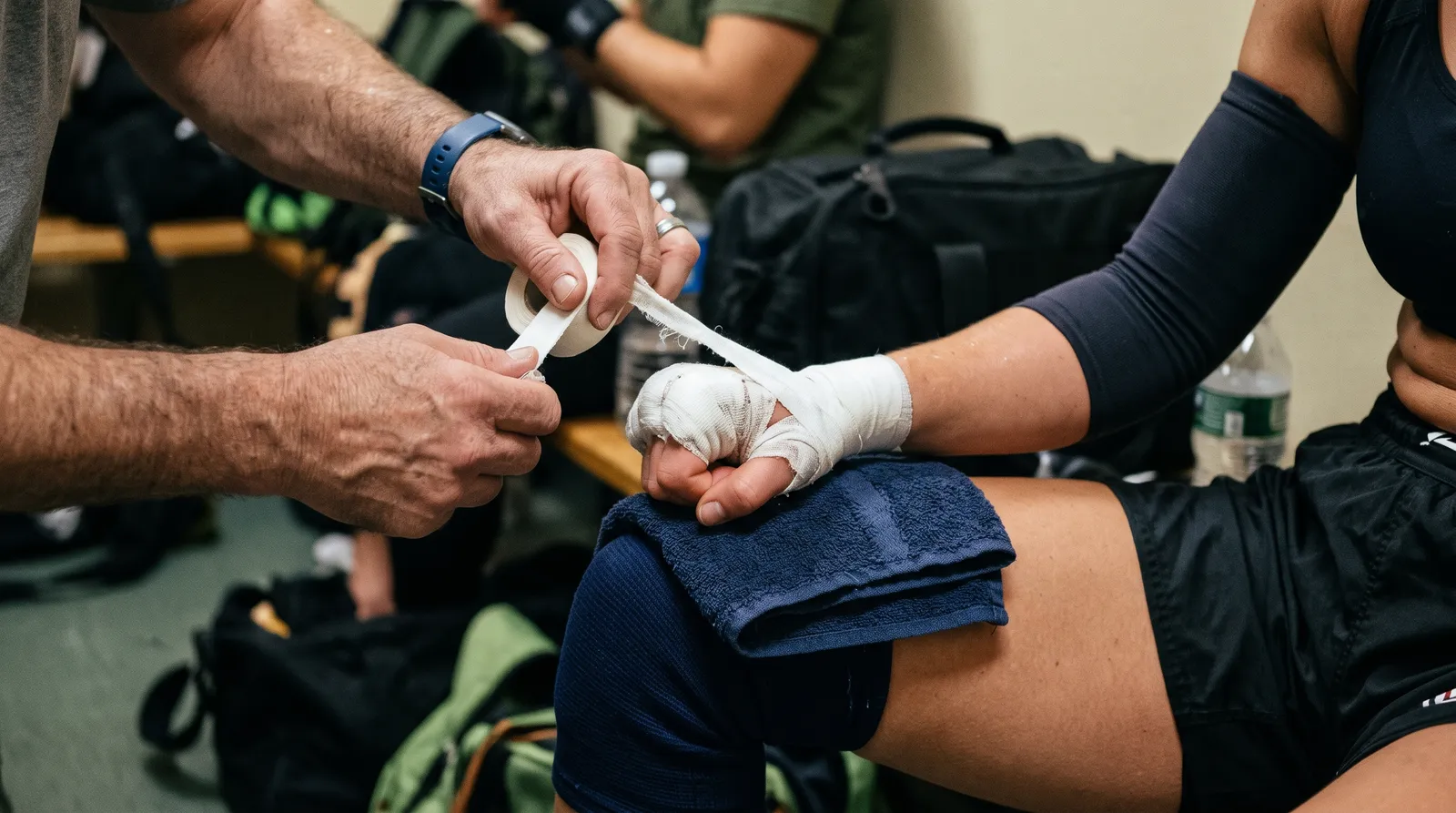 A coach tapes a female fighter's hands in a locker room before a fight