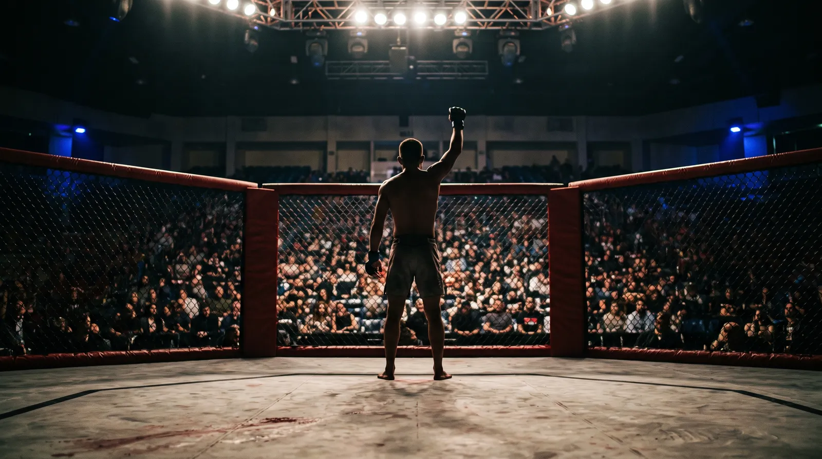 A fighter seen from behind with one arm raised inside the octagon as a quiet arena crowd looks on