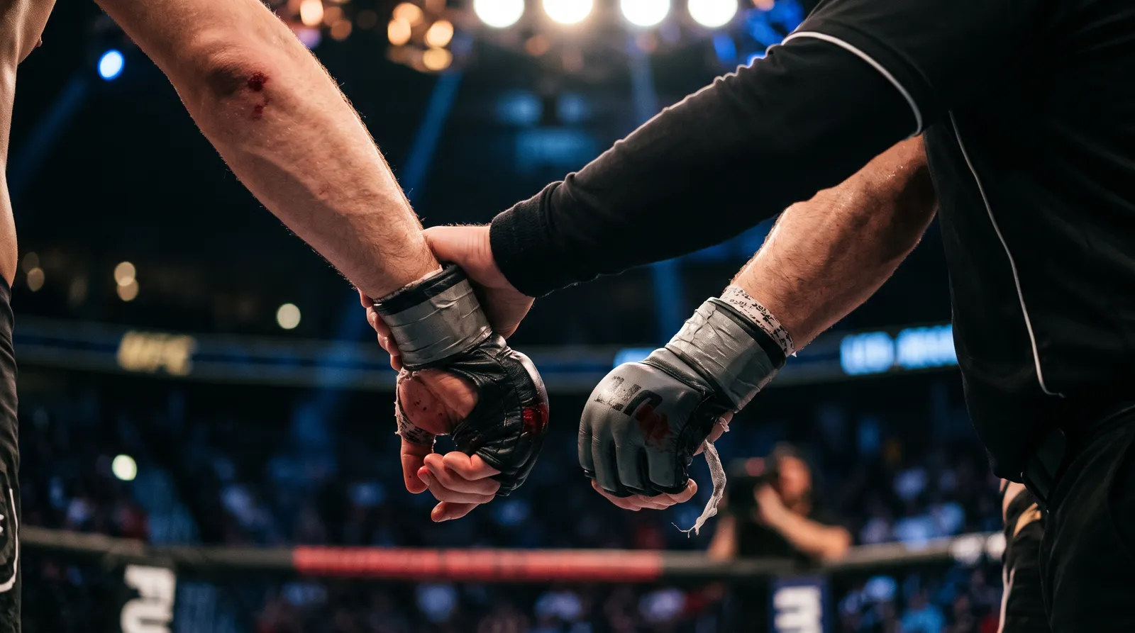 A referee holds two fighters' gloved wrists at center cage awaiting the judges' decision