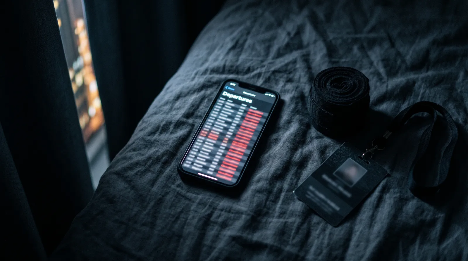 A phone glowing in a dark hotel room showing a list of canceled flights beside rolled hand wraps