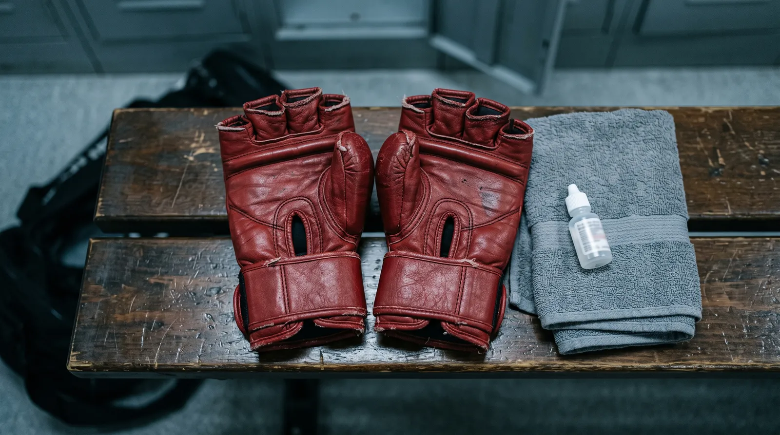 MMA gloves resting on a locker room bench next to a towel and eye drops