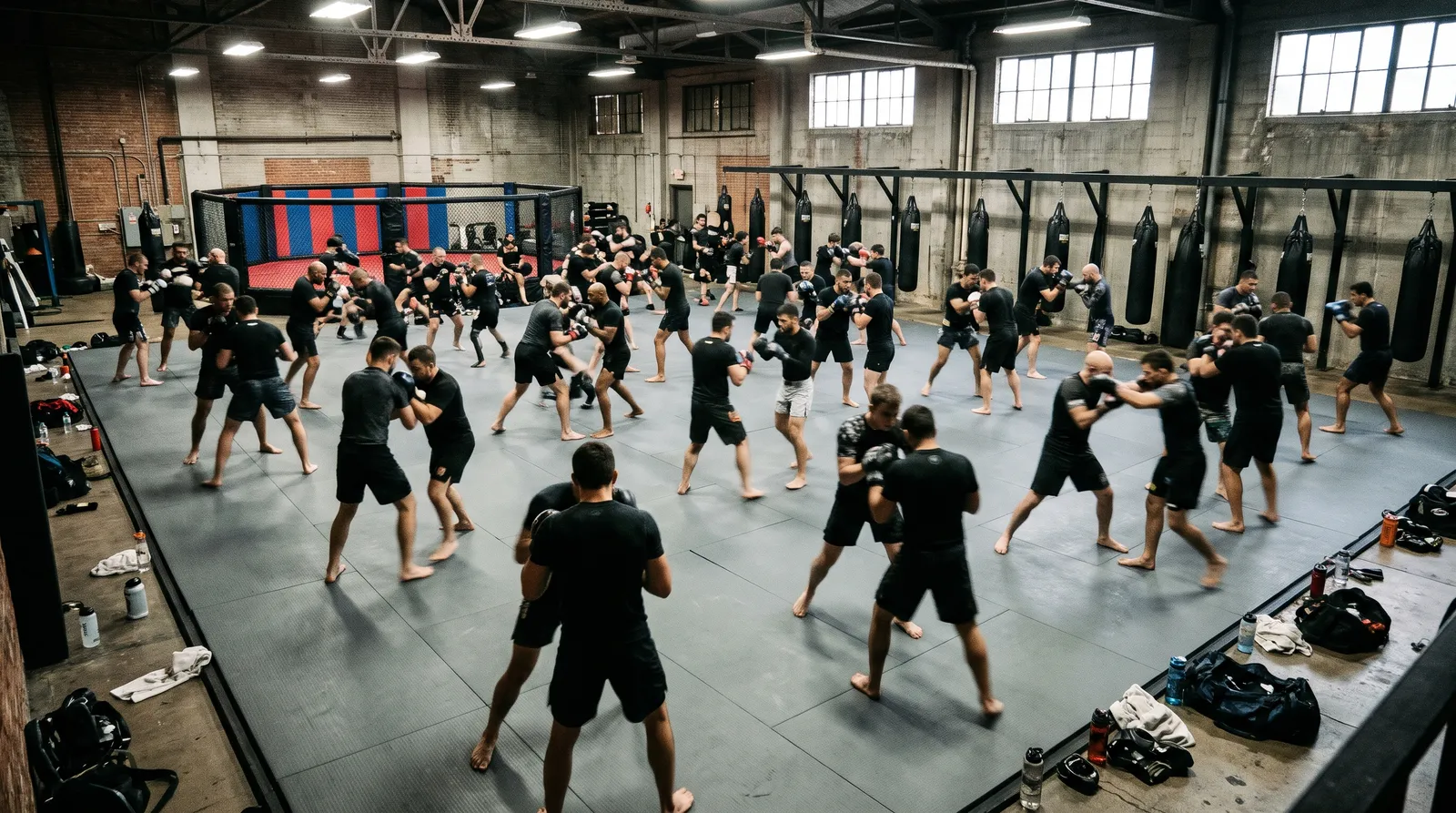 A crowded MMA gym mat full of fighters sparring under fluorescent lights