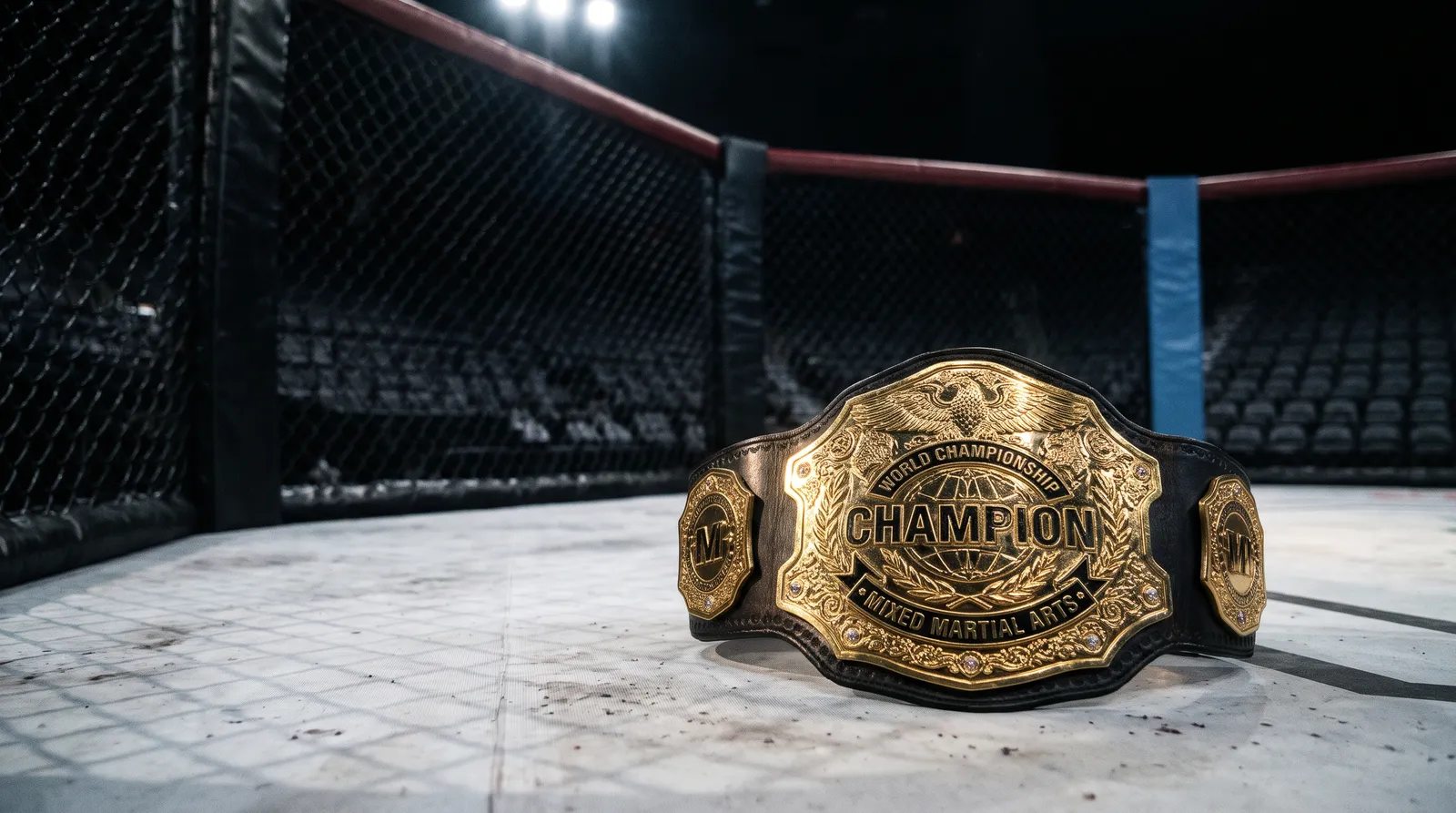 A championship belt resting on the canvas of an empty circular cage under work lights