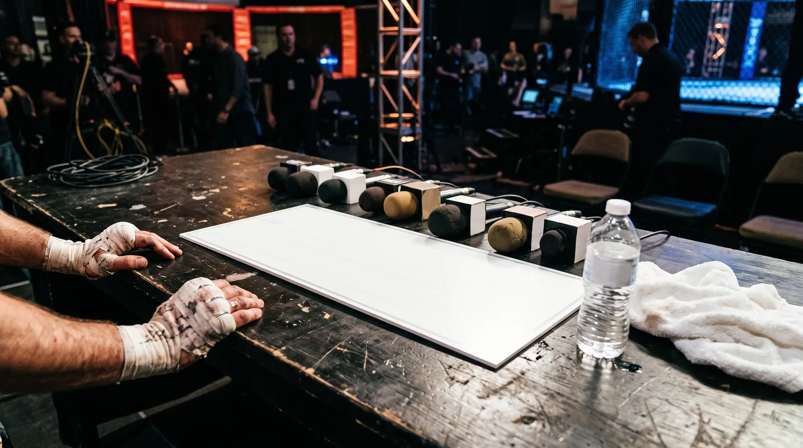 Microphones and a blank oversized bonus check on a post-fight press conference table