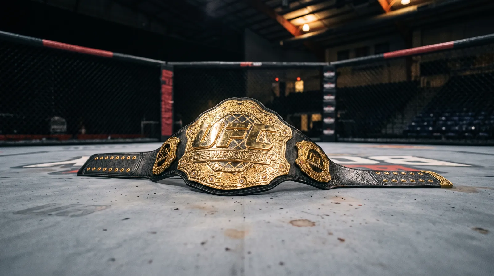 A championship belt resting on the canvas of an empty octagon under work lights