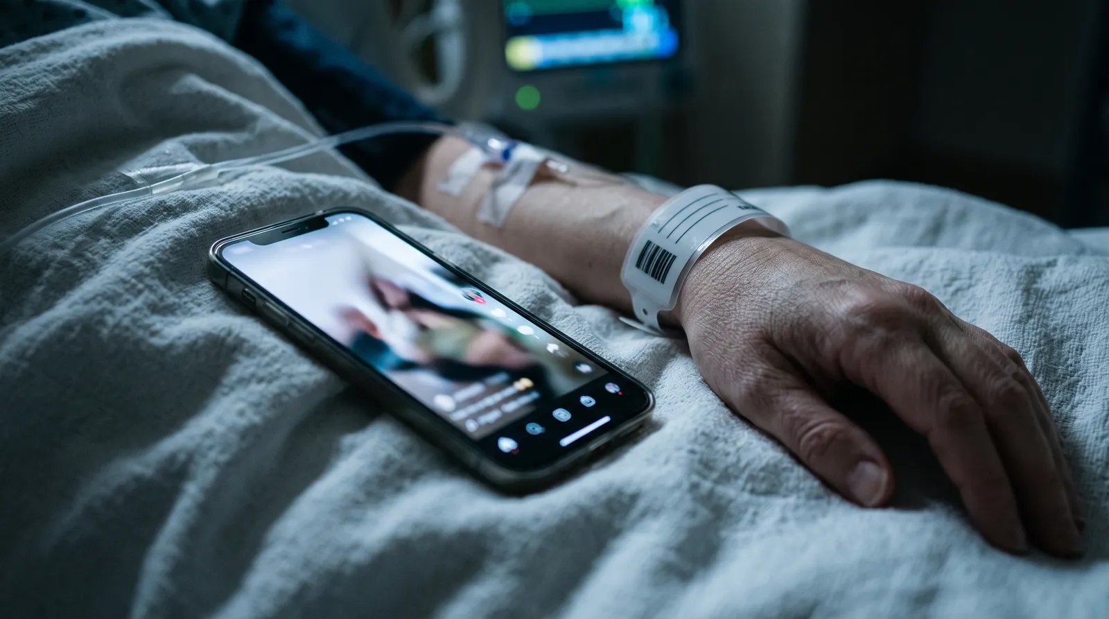 A phone glowing on a hospital bed beside a wrist wearing a patient ID band