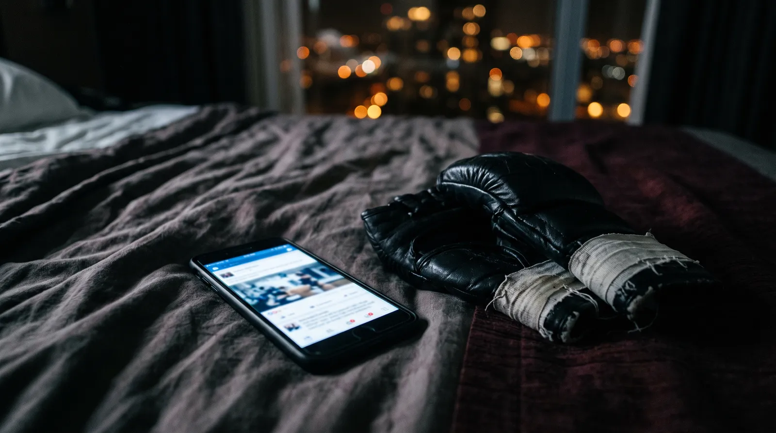 A glowing phone on a hotel bed next to taped fight gloves in a dark room