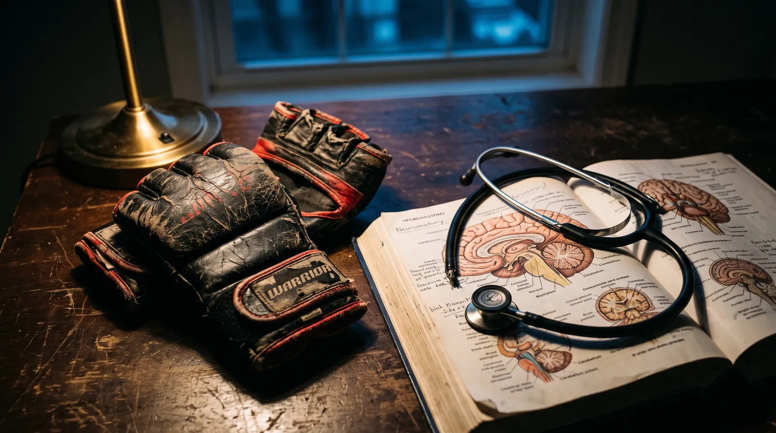Worn MMA gloves beside a medical textbook and stethoscope on a desk