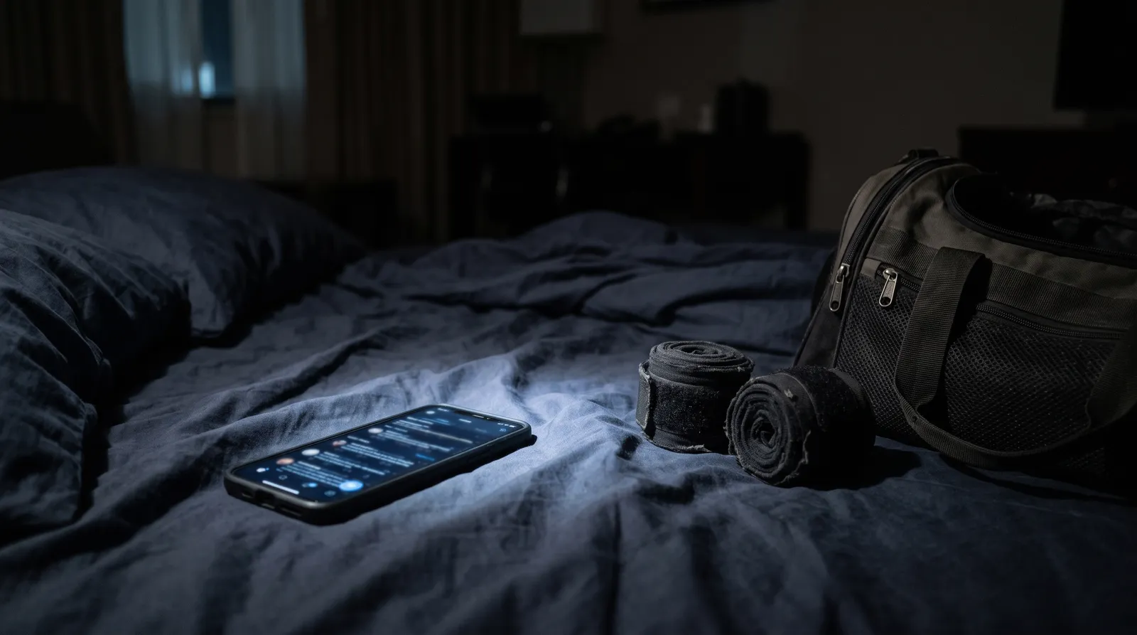 A glowing phone on a dark hotel bed next to rolled hand wraps and a gym bag