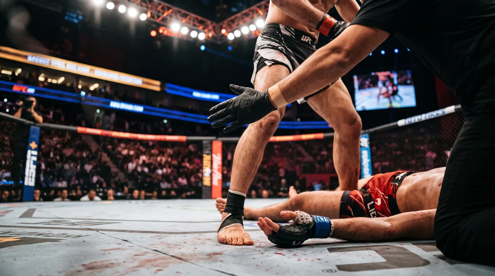 A referee's arm waves off a fight as a fallen fighter's glove rests on the octagon canvas