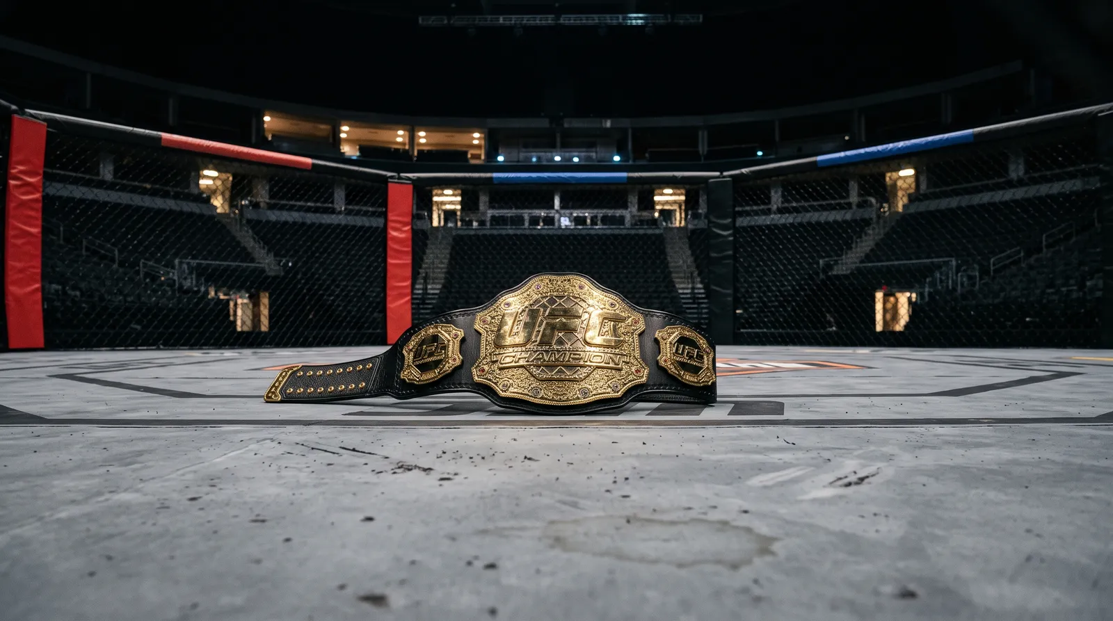 A championship belt resting on an empty cage canvas under arena work lights