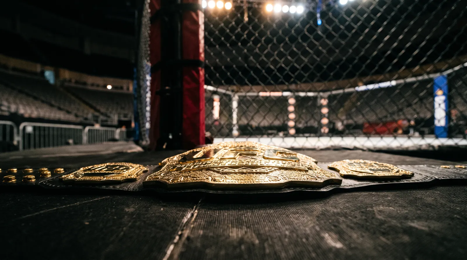 A heavyweight championship belt resting on the canvas of an empty cage under arena lights