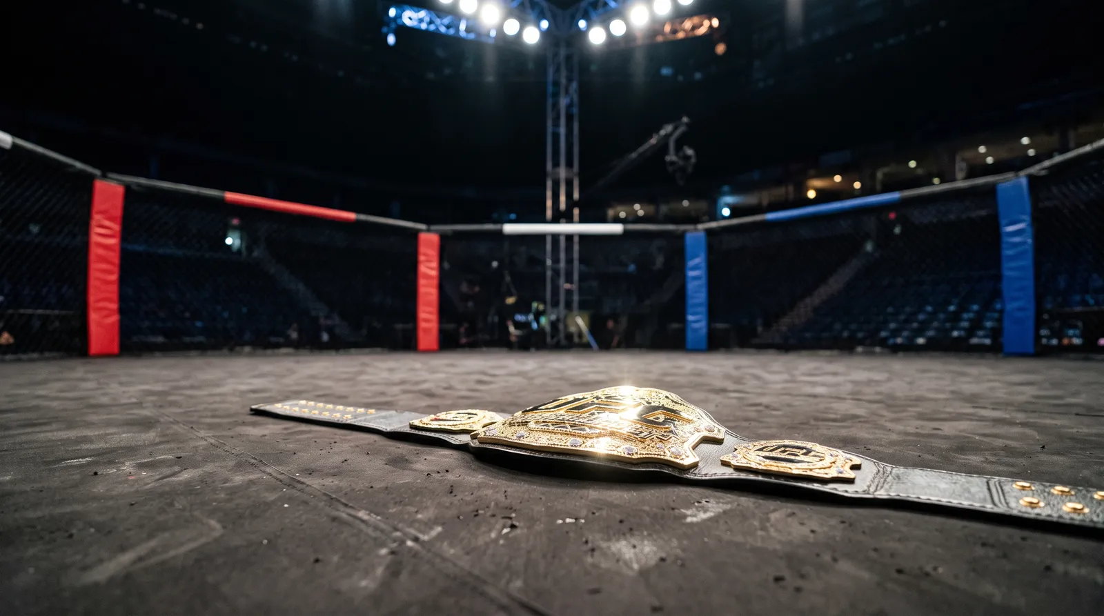 A championship belt resting on an empty octagon canvas under work lights