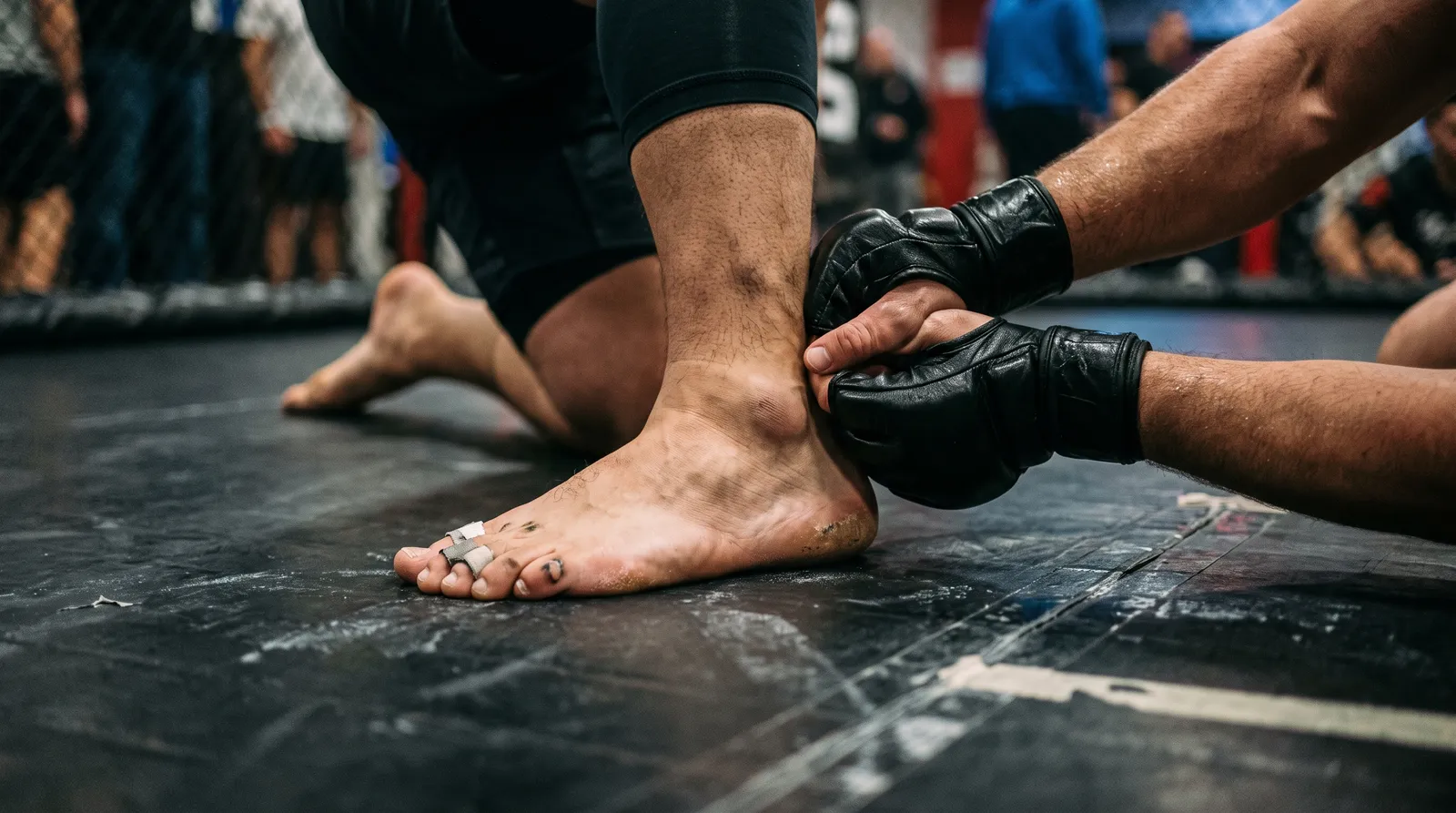 Hands gripping a fighter's heel on a gym mat in a leg-lock setup