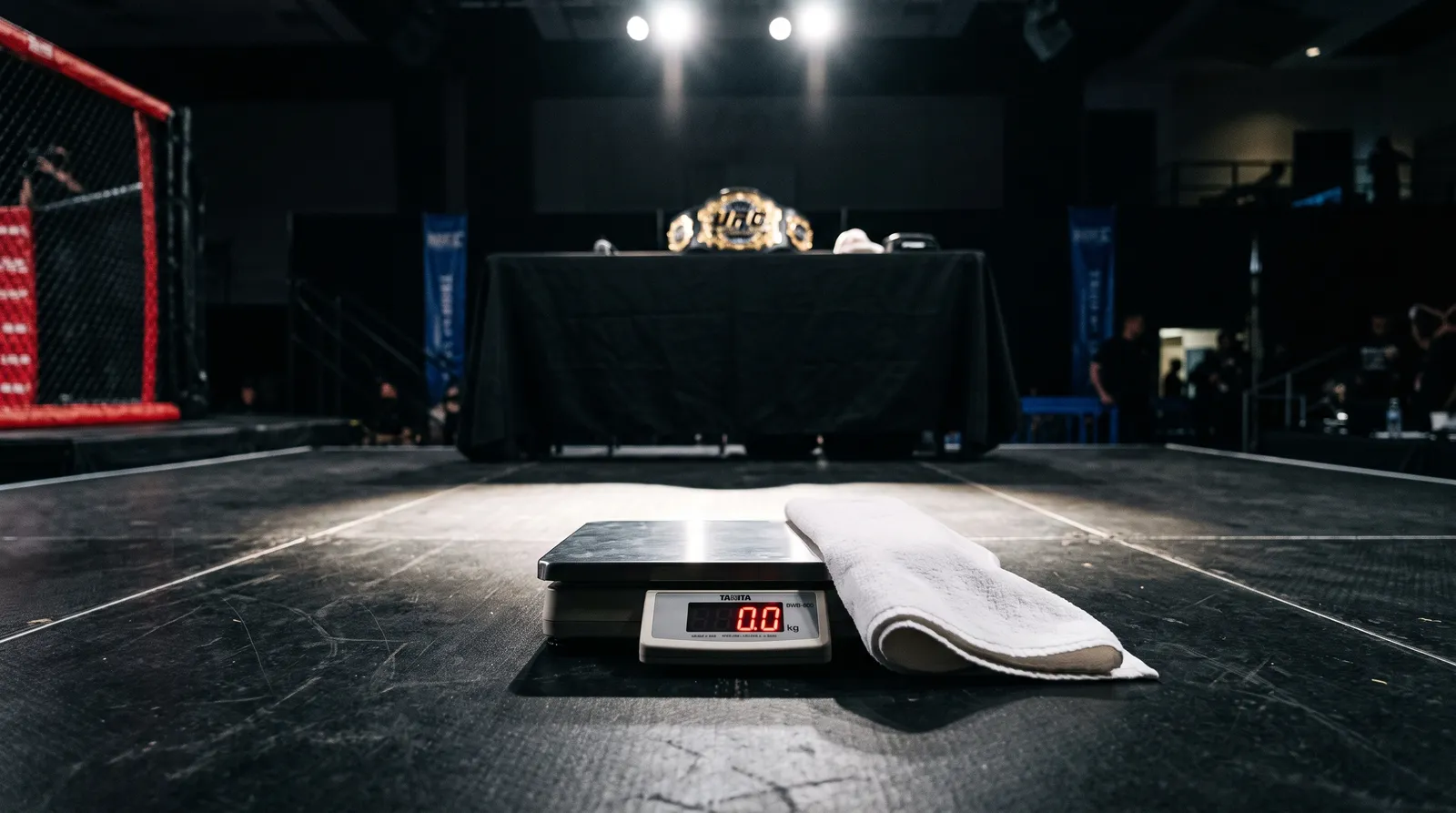 A weigh-in scale with a towel draped over it under stage lights, a title belt blurred in the background