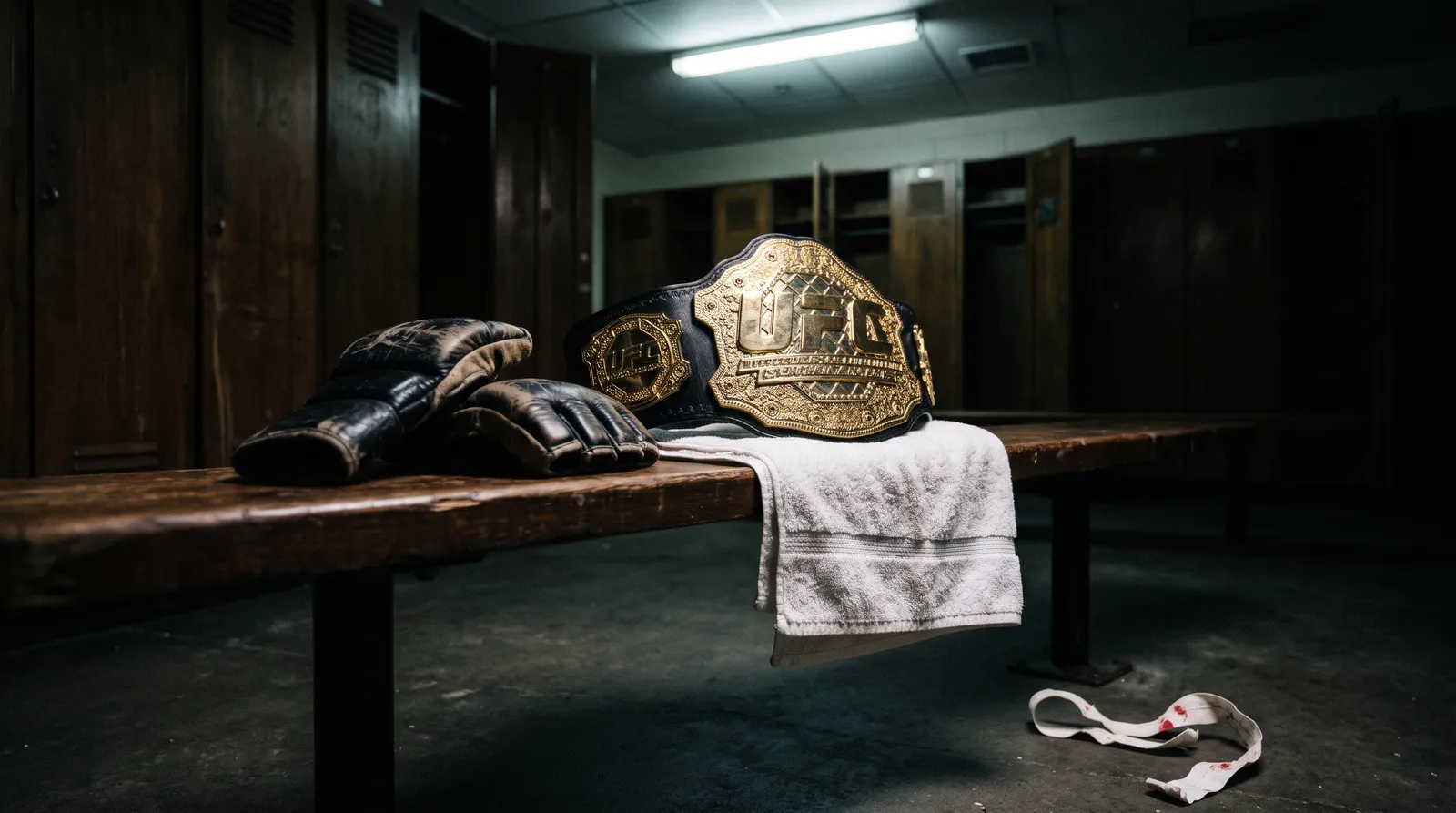 Championship belt resting on a towel beside used fight gloves in a dim locker room