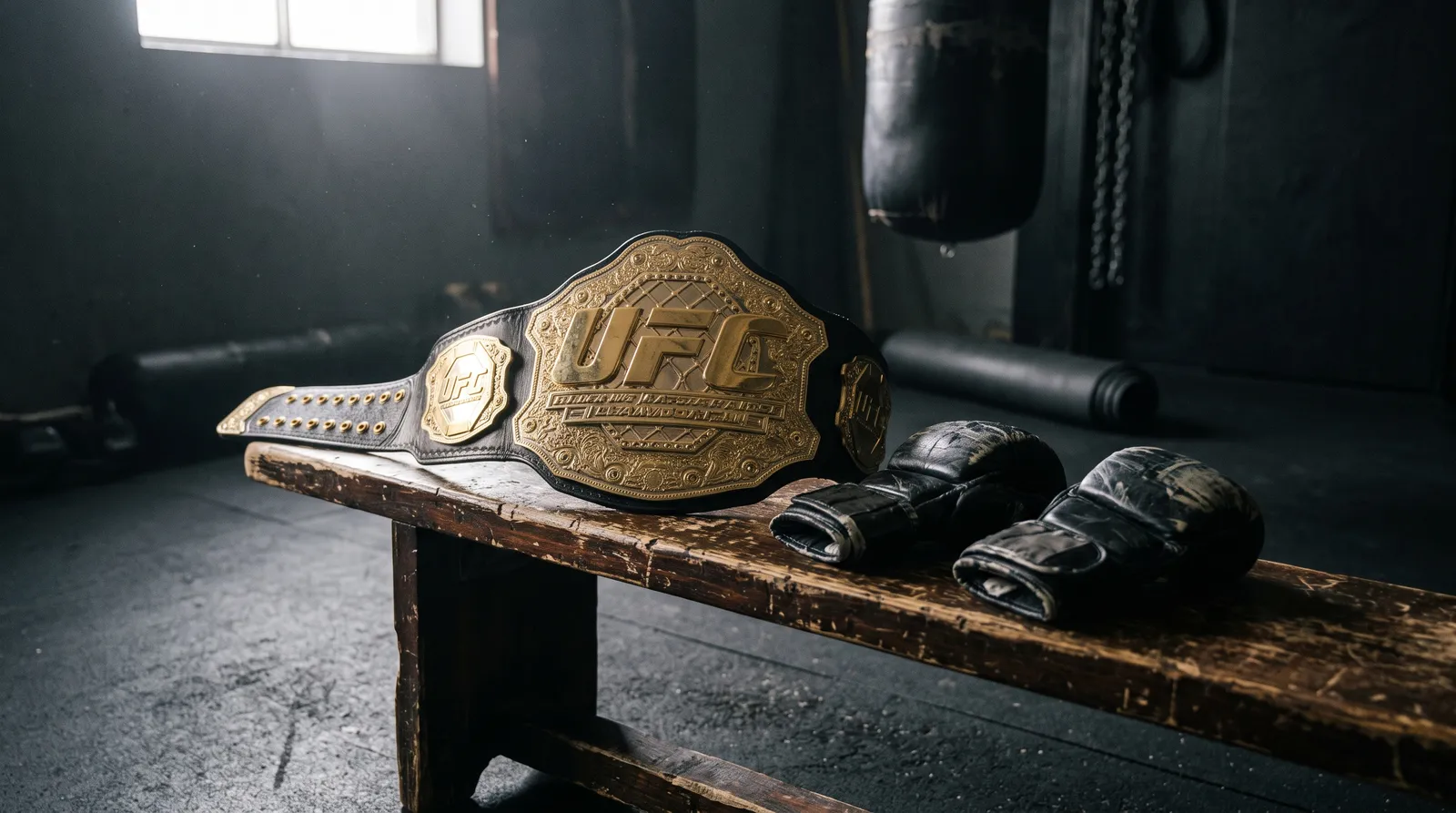 A championship belt resting on a gym bench next to worn MMA gloves in early morning light
