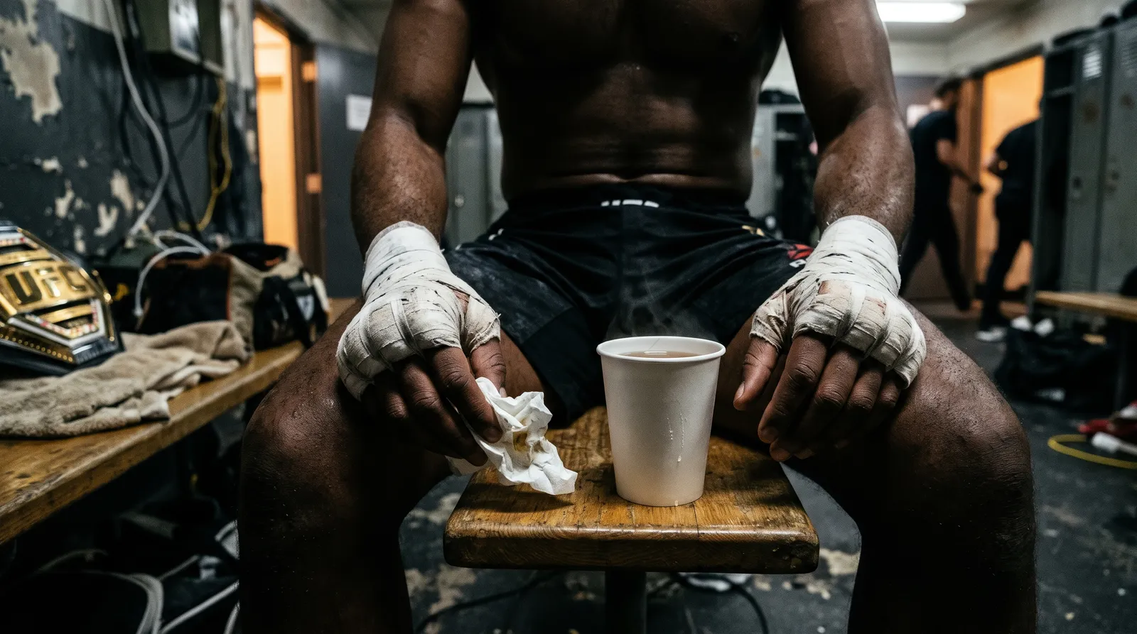 Taped hands of a fighter holding a steaming cup in a locker room, title belt blurred on the bench