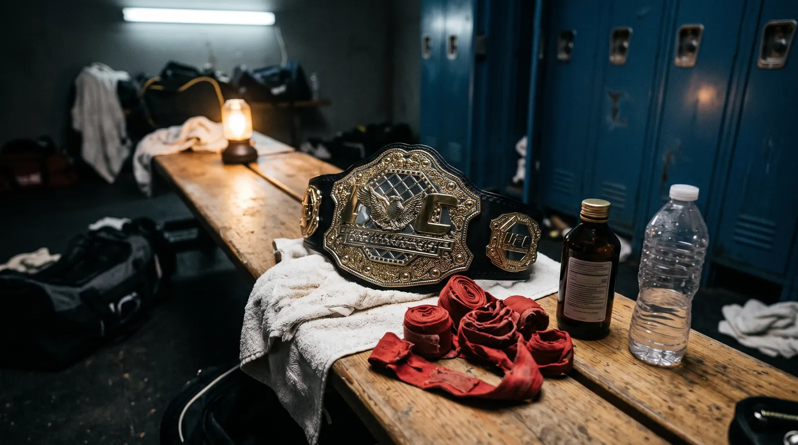 A championship belt on a locker room bench beside a towel, cough syrup and used hand wraps