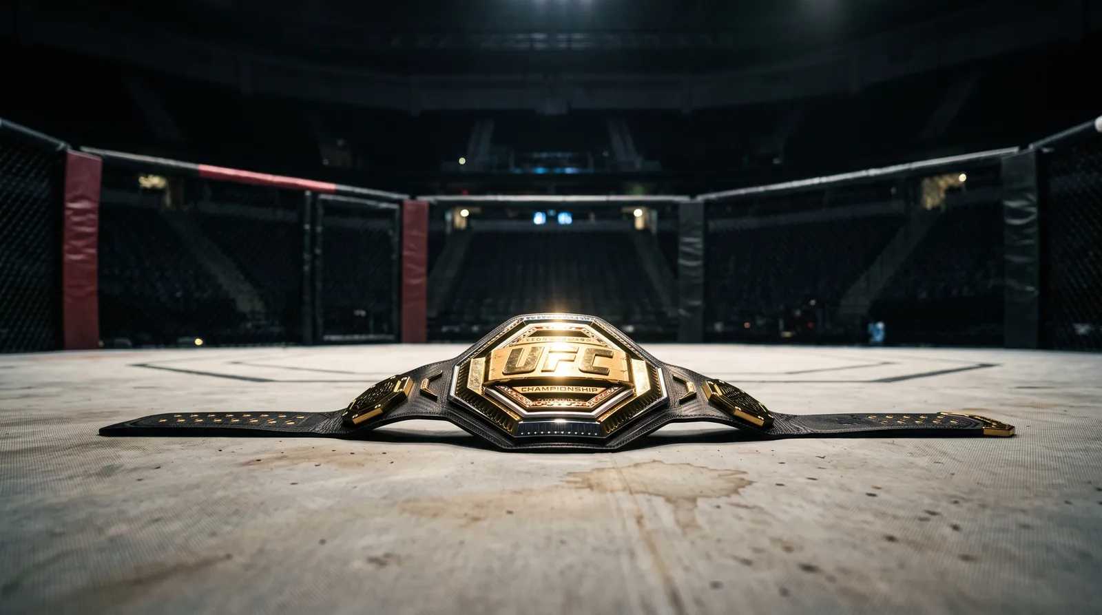 A featherweight championship belt resting on an empty octagon canvas under work lights
