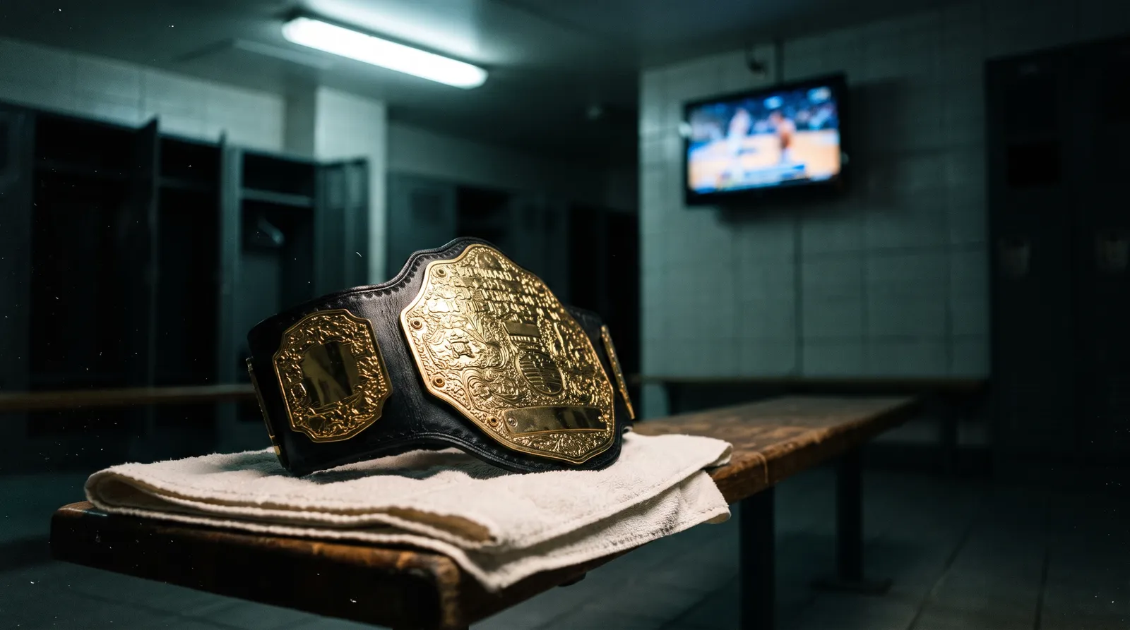 A championship belt on a towel in a dim locker room while a TV in the background shows a blurred sports broadcast