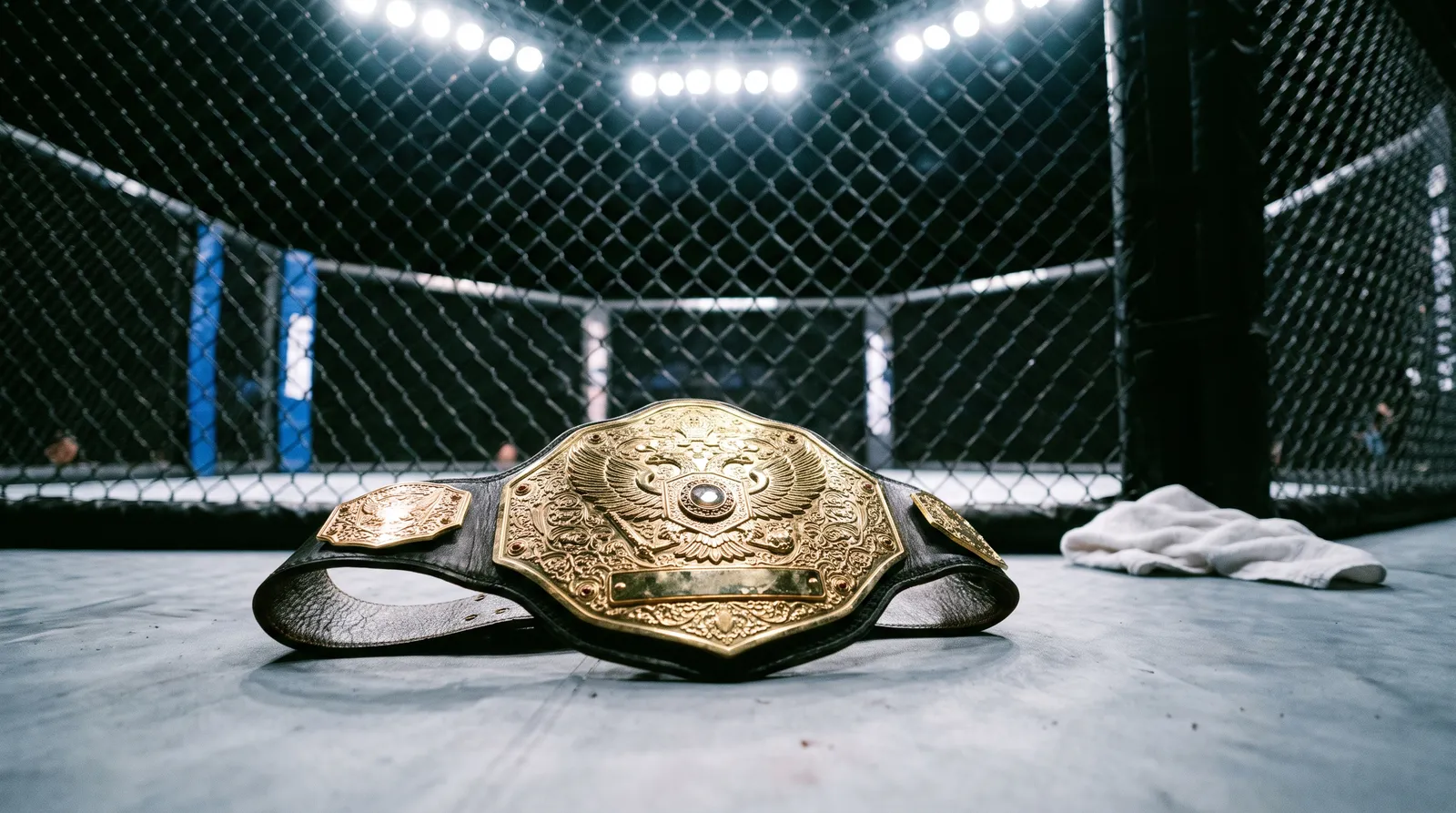 A championship belt lying on the canvas of an empty octagon under work lights